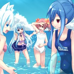 Rule 34 | 4girls, alyn (fairy fencer f), animal ears, ball, bare shoulders, beachball, breasts, day, effole (fairy fencer f), ethel (fairy fencer f), fairy fencer f, frills, himajin (starmine), karin (fairy fencer f), long hair, medium breasts, multiple girls, ocean, one-piece swimsuit, open mouth, red eyes, red hair, school swimsuit, skirt, sky, swimsuit, tiara (fairy fencer f), twintails, white hair, white one-piece swimsuit