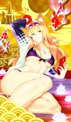 Rule 34 | 1girl, animal ears, bare legs, bikini, blonde hair, breasts, breasts apart, cellphone, checkered background, craft essence (fate), crescent, eyewear on head, fate/grand order, fate (series), fish, flower, fox ears, grin, iphone, jacket, jewelry, legs, long hair, looking at viewer, lotus, medium breasts, nail polish, necklace, official art, phone, purple bikini, red scrunchie, scrunchie, seigaiha, shaka p, smartphone, smile, solo, suzuka gozen (fate), suzuka gozen (heavenly demon princess) (fate), swimsuit, thighs, water, wrist scrunchie, yellow background, yellow eyes