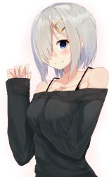 Rule 34 | 10s, 1girl, absurdres, alternate costume, arm between breasts, bad hands, bare shoulders, between breasts, black sweater, blue eyes, blush, breasts, collarbone, hair ornament, hair over one eye, hairclip, hamakaze (kancolle), highres, kantai collection, large breasts, long sleeves, looking at viewer, shimohasira, short hair, silver hair, simple background, smile, solo, sweater, upper body, white background