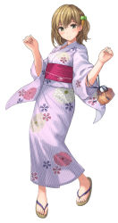 Rule 34 | 1girl, bad id, bad pixiv id, blush, brown eyes, brown hair, carrot hair ornament, cherry blossoms, closed mouth, feet, floral print, food-themed hair ornament, full body, hair ornament, hands up, japanese clothes, kimono, kinchaku, light smile, looking at viewer, obi, original, pink kimono, pouch, sandals, sash, simple background, solo, toes, white background, yoropa