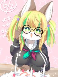 Rule 34 | 1girl, adjusting eyewear, animal ears, asymmetrical eyewear, black shirt, blonde hair, blunt bangs, blush, breasts, bright pupils, cake, candle, colored skin, commentary request, dated, flower, food, fox ears, fox girl, furry, furry female, glasses, green eyes, hair flower, hair ornament, highres, indie virtual youtuber, large breasts, lets0020, long hair, long sleeves, looking at viewer, medium bangs, open mouth, pink background, purple flower, round eyewear, shirt, smile, solo, star (symbol), tsune kitaki, two side up, upper body, virtual youtuber, white pupils, yellow skin