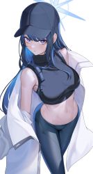 Rule 34 | 1girl, absurdres, baseball cap, blue archive, blue pants, breasts, closed mouth, crop top, from above, halo, hat, highres, jacket, large breasts, midriff, navel, off shoulder, pants, purple eyes, saori (blue archive), shibasoda, simple background, solo, stomach, white background, white jacket