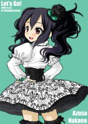 Rule 34 | 1girl, black hair, brown eyes, dress, frills, hat, hecha, highres, k-on!, let&#039;s go! (k-on!), long hair, looking back, mini hat, mini top hat, nakano azusa, solo, thighhighs, top hat, twintails, wavy hair