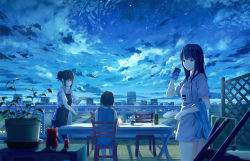 Rule 34 | 3girls, apron, beer can, black hair, blue eyes, blue theme, blurry, bottle, can, chair, city lights, cityscape, clothes writing, cloud, cowboy shot, cup, depth of field, dress, drink can, drinking glass, expressionless, figure, from behind, full moon, hand fan, highres, looking at another, looking at viewer, looking down, moon, multiple girls, night, night sky, original, outdoors, paper fan, plant, plate, potted plant, revision, rooftop, salad, shadow, shirt, shooting star, short hair, short hair with long locks, short ponytail, sky, sleeveless, sleeveless dress, smile, standing, star (sky), starry sky, sugi87, t-shirt, table, trellis, uchiwa, wine bottle, wine glass, wooden floor, yellow eyes