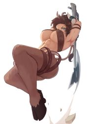 Rule 34 | 1girl, abs, armpits, arms up, ass, axe, bell orgel, belt bra, blush, body fur, breasts, brown hair, chain, cow girl, cow horns, cow tail, curvy, earrings, full body, green eyes, highres, holding, holding axe, holding weapon, horn ornament, horn ring, horns, huge ass, jewelry, large breasts, minotaur (monster girl encyclopedia), monster girl, monster girl encyclopedia, muscular, muscular female, no bra, revealing clothes, simple background, solo, tail, thick thighs, thighs, underboob, weapon, white background