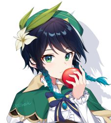 Rule 34 | 1boy, absurdres, androgynous, apple, beret, big-red-dragon, black hair, blue hair, bow, braid, brooch, cape, closed mouth, collared cape, collared shirt, corset, flower, food, frilled sleeves, frills, fruit, gem, genshin impact, gradient hair, green eyes, green hat, hair flower, hair ornament, hat, highres, holding, holding food, holding fruit, jewelry, leaf, long sleeves, looking at viewer, male focus, multicolored hair, shadow, shirt, short hair with long locks, simple background, solo, twin braids, venti (genshin impact), white background, white flower, white shirt