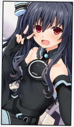 Rule 34 | 1girl, bare shoulders, black dress, black gloves, black hair, blush, dress, elbow gloves, fingerless gloves, gloves, hair between eyes, hair ribbon, iwashi dorobou -r-, long hair, looking at viewer, navel, neptune (series), open mouth, red eyes, ribbon, smile, solo, two side up, uni (neptunia), v