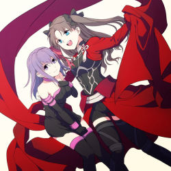 Rule 34 | 2girls, archer (fate), archer (fate) (cosplay), blue eyes, bow, brown hair, cosplay, covering privates, dutch angle, elbow gloves, fate/stay night, fate (series), gloves, hair bow, hair ornament, hair ribbon, leaning forward, long hair, looking at viewer, matching hair/eyes, matou sakura, medusa (fate), medusa (rider) (fate), medusa (rider) (fate) (cosplay), multiple girls, purple eyes, purple hair, ribbon, siblings, simple background, sisters, smi, smi (enraku), smile, standing, sweatdrop, thighhighs, tohsaka rin, two side up, white background, zettai ryouiki