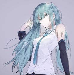 Rule 34 | 1girl, bad id, bad pixiv id, bare shoulders, black skirt, black sleeves, blouse, blue necktie, breasts, cizzi, closed mouth, collared shirt, commentary, detached sleeves, fingernails, green eyes, green hair, grey background, hair between eyes, hand up, hatsune miku, long hair, long sleeves, necktie, shirt, simple background, skirt, sleeveless, sleeveless shirt, small breasts, solo, tie clip, upper body, very long hair, vocaloid, white shirt