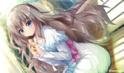 Rule 34 | 1girl, 9-nine-, absurdres, amatsuji, blue dress, blue eyes, blush, brown hair, can, commission, dating, dress, eyelashes, hair between eyes, hair ornament, highres, holding, holding can, jewelry, kujou miyako, long hair, looking at viewer, necklace, on bench, park, pink ribbon, ribbon, sidelocks, sitting, smile, solo, sparkle, sunlight, tree, very long hair, watermark, wavy hair