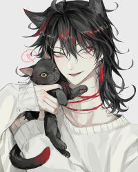 Rule 34 | 1boy, absurdres, animal, animal ears, black cat, black hair, blush, cat, cat ears, eoseo88, eyeshadow, gradient hair, hair between eyes, hair ornament, hairpin, heart, highres, holding, holding animal, jewelry, long hair, long sleeves, looking to the side, makeup, male focus, multicolored hair, necklace, nijisanji, nijisanji en, open mouth, red eyeshadow, red hair, shirt, simple background, smile, spoken heart, sweater, tongue, tongue out, upper body, virtual youtuber, vox akuma, white background, white shirt, white sweater, yellow eyes