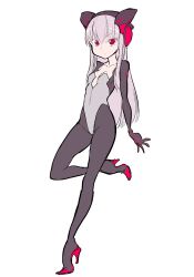 Rule 34 | 1girl, bodysuit, collarbone, commentary request, electro alice, flat chest, full body, headgear, high heels, ken (koala), leg up, long hair, looking at viewer, original, pink hair, red eyes, simple background, skin tight, solo, white background