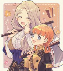 Rule 34 | 2girls, annette fantine dominic, ascot, axe, blonde hair, blue eyes, blush, buttons, closed eyes, commentary request, fire emblem, fire emblem: three houses, garreg mach monastery uniform, hair rings, highres, hino222hikari, holding, holding axe, holding weapon, long hair, long sleeves, looking at viewer, mercedes von martritz, multiple girls, nintendo, open mouth, orange hair, short hair, translation request, twitter username, uniform, very long hair, weapon, white ascot