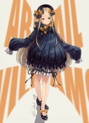 Rule 34 | 1girl, abigail williams (fate), arms up, black dress, black footwear, black hat, blonde hair, bloomers, blue eyes, bow, dress, eikoh, fate/grand order, fate (series), forehead, full body, hair bow, hat, highres, long hair, outstretched arms, ribbon, shoes, sleeves past wrists, smile, solo, underwear