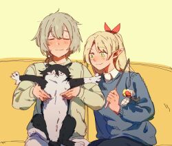 Rule 34 | animal, animalization, blonde hair, cat, cat teaser, closed eyes, couch, dungeon meshi, elf, falin touden, falin touden (tallman), green eyes, holding, holding animal, holding cat, izutsumi, long hair, mao^2, marcille donato, multiple girls, pointy ears, short hair, smile
