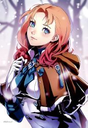 Rule 34 | 1girl, annette fantine dominic, blue eyes, blue neckwear, blue sweater, blush, breasts, brooch, brown capelet, capelet, closed mouth, datcravat, dress, fire emblem, fire emblem: three houses, forehead, fur-trimmed capelet, fur trim, gloves, hand on own chest, head tilt, highres, jewelry, light smile, long hair, looking at viewer, medium breasts, nintendo, orange hair, outdoors, pink lips, ribbed sweater, snow, snowing, solo, sweater, symbol-only commentary, tree, turtleneck, turtleneck sweater, upper body, white dress, white gloves