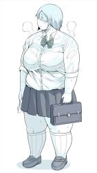 Rule 34 | 1girl, blush, bra, breasts, fat, female focus, full body, highres, large breasts, monochrome, school uniform, shimejix, short hair, simple background, skirt, solo, standing, sweat, thick thighs, thighs, underwear, uniform, white background