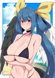 Rule 34 | 1girl, angel wings, arm under breasts, asymmetrical wings, bare shoulders, beach, bikini, black bikini, black choker, blue hair, blue sky, blush, border, breasts, choker, cleavage, closed mouth, cloud, collarbone, covered erect nipples, dizzy (guilty gear), fuuma (bangolga1), guilty gear, hair between eyes, hair ribbon, hair rings, highres, holding own arm, large breasts, long hair, looking at viewer, mature female, monster girl, navel, ocean, red eyes, ribbon, sagging breasts, sidelocks, skindentation, sky, smile, solo, stomach, string bikini, swimsuit, tail, twintails, underboob, white border, wings, yellow ribbon