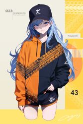 Rule 34 | 1girl, absurdres, baggy clothes, baseball cap, black hoodie, blue eyes, blue hair, borrowed character, chimachi, commentary request, commission, cropped legs, dolphin shorts, drawstring, english text, fingernails, frown, hand in pocket, hat, highres, hood, hood down, hoodie, long hair, looking at viewer, bae minah (chaesu), nail polish, orange hoodie, original, red nails, shorts, signature, skeb commission, sleeves past wrists, solo, standing, thank you, twitter username, two-tone hoodie