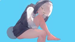 Rule 34 | 1girl, animal ears, barefoot, blue background, blunt bangs, blush, highres, invisible chair, long sleeves, looking at viewer, original, pisuta (yamashiro), short hair, simple background, sitting, solo, sweater vest, tail, white hair, yellow eyes