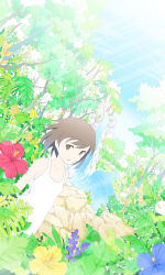 Rule 34 | 1girl, bare shoulders, brown eyes, brown hair, flower, forest, hebitsukai, hibiscus, highres, jungle, leaf, nature, open mouth, original, scenery, short hair, solo, tree, water, waterfall