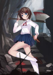 Rule 34 | 1girl, axe, battle axe, blood, blood on clothes, bloody weapon, blue eyes, blue skirt, blurry, blurry foreground, breasts, broken, brown footwear, brown hair, cave, commentary, dagger, demonophobia, depth of field, door, dress shirt, dual wielding, foot up, freedom up, from side, frown, hair ornament, hairclip, highres, holding, knee up, kneehighs, knife, kunikai sakuri, light blush, loafers, long sleeves, looking at viewer, looking to the side, miniskirt, neck ribbon, over shoulder, parted lips, pleated skirt, pool of blood, raised eyebrows, red ribbon, reverse grip, ribbon, ringed eyes, rock, rubble, running, school uniform, shirt, shoes, short hair, skirt, small breasts, socks, solo, stairs, stone floor, stone wall, very short hair, wall, weapon, weapon over shoulder, white shirt, white socks, worried
