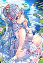 Rule 34 | 1girl, blue eyes, breasts, cleavage, cleavage cutout, clothing cutout, cloud, dress, emori miku, flower, from above, from behind, hair between eyes, hair ribbon, head tilt, highres, large breasts, liver city, long hair, looking at viewer, medium breasts, pink flower, ponytail, red ribbon, reflecting pool, reflection, reflective water, ribbon, sakura moyon, see-through, short dress, silver hair, sitting, sleeveless, sleeveless dress, smile, solo, very long hair, water, white dress