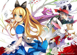 Rule 34 | alice (alice in wonderland), alice in wonderland, apron, black bow, blonde hair, blue dress, blue eyes, bow, card, cheshire cat (alice in wonderland), commentary, cow, cup, dress, english commentary, flower, from side, green jacket, hair bow, holding, holding cup, jacket, kriss sison, long hair, looking at viewer, mad hatter (alice in wonderland), march hare (alice in wonderland), playing card, purple cat, rose, smile, teacup, tree, white apron, white background, white rabbit (alice in wonderland), yellow eyes