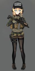 Rule 34 | 1girl, aks-74u, assault rifle, baseball cap, black pantyhose, blonde hair, blue eyes, camouflage, commentary, english commentary, escape from tarkov, full body, gloves, gun, hat, headset, highres, holding, holding gun, holding weapon, holster, jizi, kalashnikov rifle, load bearing vest, original, pantyhose, rifle, solo, weapon, weapon request
