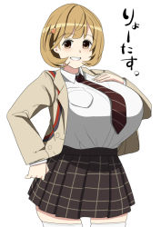 Rule 34 | 10s, 1girl, blush, breasts, brown eyes, brown hair, grin, hair ornament, hand on breast, huge breasts, looking at viewer, narusawa ryouka, necktie, occultic;nine, sasanoha toro, short hair, skirt, smile, solo, standing