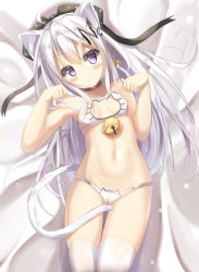 Rule 34 | 1girl, :&lt;, ahoge, animal ear fluff, animal ears, bad id, bad pixiv id, bare arms, bare shoulders, bell, black bow, blush, bow, bra, breasts, cat cutout, cat ear panties, cat ears, cat girl, cat lingerie, cat tail, cleavage cutout, closed mouth, clothing cutout, commentary request, frilled bra, frills, hair bell, hair between eyes, hair bow, hair ornament, hands up, highres, jingle bell, long hair, looking at viewer, lying, meme attire, natuna natu, on back, original, panties, polka dot, polka dot bow, purple eyes, silver hair, small breasts, solo, tail, thighhighs, underwear, underwear only, very long hair, white bra, white panties, white thighhighs