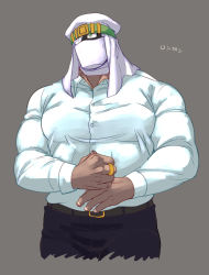 Rule 34 | 1boy, bara, belt, biceps, bida, clenched hand, collared shirt, covered face, dark-skinned male, dark skin, green eyes, headband, highres, jewelry, large pectorals, leather, leather belt, looking to the side, male focus, mask, mouth mask, muscular, muscular male, one eye covered, original, pants, pectorals, ring, shirt, solo, thick arms, tight clothes, turban