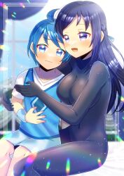 Rule 34 | 1boy, 1girl, age difference, black bodysuit, black hair, blue eyes, blue hair, blush, bodysuit, breasts, closed mouth, commentary request, commission, covered navel, feet out of frame, groin outline, jersey, kou hiyoyo, long hair, medium breasts, onee-shota, original, purple eyes, shirt, shorts, sitting, skeb commission, small sweatdrop, sweat, wavy mouth, white shirt, white shorts