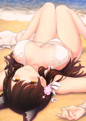Rule 34 | 1girl, animal ears, atago (azur lane), atago (summer march) (azur lane), atago (summer march) (azur lane), azur lane, barefoot, beach, bikini, black hair, bracelet, breasts, breasts apart, brown eyes, commentary request, contllenge, extra ears, flower, foreshortening, hair flower, hair ornament, highres, jewelry, knees together feet apart, long hair, looking at viewer, lying, mole, mole under eye, on back, ribbon, sand, solo, swept bangs, swimsuit, thigh gap, water, waves, white bikini, white flower, white ribbon, wolf ears