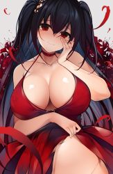 Rule 34 | 1girl, absurdres, azur lane, bare shoulders, black hair, blush, breasts, choker, cleavage, clothes lift, collarbone, commentary, dress, dress lift, flower, grey background, grin, hair between eyes, hair ornament, hand on own cheek, hand on own face, has bad revision, has downscaled revision, highres, hip focus, large breasts, long hair, looking at viewer, md5 mismatch, navel, netarou, official alternate costume, petals, red dress, red eyes, resolution mismatch, smile, solo, source smaller, taihou (azur lane), taihou (forbidden feast) (azur lane), twintails, very long hair