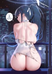 Rule 34 | 1girl, absurdres, ass, back, backboob, blue archive, blunt bangs, breasts, dress, earrings, from behind, genkung, hair ornament, halo, highres, injury, jewelry, large breasts, long hair, looking at viewer, looking back, night, official alternate costume, parted lips, ponytail, saori (blue archive), saori (dress) (blue archive), sitting, solo, torn clothes, torn dress