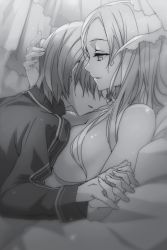 Rule 34 | 1boy, 1girl, administrator (sao), bed sheet, breasts, bunbun, eugeo, greyscale, hair between eyes, highres, holding hands, interlocked fingers, large breasts, long hair, monochrome, non-web source, novel illustration, official art, parted lips, quinella, shiny skin, sideboob, spoilers, sword art online, sword art online: alicization, thighhighs