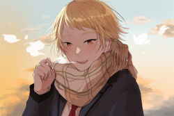 Rule 34 | 1boy, backlighting, black jacket, blue sky, breath, brown scarf, cloud, commentary request, day, earbuds, earphones, earrings, glint, gradient scarf, hanatsubaki michiru, highres, jacket, jewelry, kinami mochiko, lapels, long sleeves, looking at viewer, male focus, multicolored clothes, multicolored jacket, multicolored sky, necktie, notched lapels, open mouth, orange eyes, orange sky, outdoors, partial commentary, plaid, plaid scarf, red necktie, removing earbuds, scarf, shirt, short hair, sky, smile, solo, steam, stud earrings, tokimeki memorial, tokimeki memorial girl&#039;s side, tokimeki memorial girl&#039;s side 4th heart, two-tone jacket, upper body, white shirt