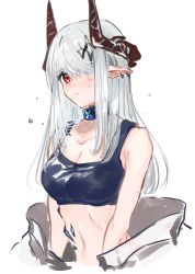 Rule 34 | 1girl, arknights, bare arms, black horns, black sports bra, breasts, cleavage, collarbone, commentary request, cropped torso, crying, crying with eyes open, ear piercing, gawako, hair ornament, hair over one eye, highres, horns, infection monitor (arknights), large breasts, long hair, material growth, midriff, mudrock (arknights), mudrock (elite ii) (arknights), one eye covered, oripathy lesion (arknights), piercing, pointy ears, red eyes, silver hair, simple background, solo, sports bra, tears, upper body, white background