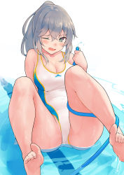 Rule 34 | 1girl, ass, bare legs, bare shoulders, barefoot, blush, breasts, cleavage, collarbone, commentary request, competition swimsuit, covered navel, green eyes, highleg, highleg swimsuit, highres, holding, holding hose, hose, kekemotsu, large breasts, long hair, one-piece swimsuit, one eye closed, open mouth, original, ponytail, silver hair, simple background, sitting, solo, swimsuit, toes, water, water drop, wet, white background