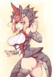 Rule 34 | 1girl, ass, bad id, bad pixiv id, bare shoulders, blonde hair, blue eyes, breasts, capcom, detached sleeves, horns, large breasts, monoblos, monster girl, monster hunter (series), open mouth, orange hair, personification, scales, single horn, solo, tail, thighhighs, zako (arvinry)
