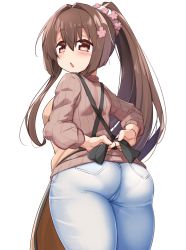 Rule 34 | 1girl, apron, ass, breasts, brown apron, brown eyes, brown hair, brown sweater, cherry blossoms, flower, from below, hair flower, hair ornament, highres, kantai collection, kurokoshou (emuburemu123), long hair, long sleeves, medium breasts, official alternate costume, pants, pocket, ponytail, sidelocks, solo, sweater, very long hair, white pants, yamato (kancolle)