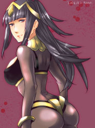 Rule 34 | 1girl, ass, bad id, bad pixiv id, black hair, bodysuit, breasts, dated, fire emblem, fire emblem awakening, from behind, kona (silent913), large breasts, long hair, nintendo, purple eyes, skin tight, smile, solo, tharja (fire emblem), tiara, two side up