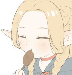 Rule 34 | 1girl, :t, ^ ^, blonde hair, braid, chibi, choker, closed eyes, dungeon meshi, eating, elf, french braid, hair around ear, happy, highres, holding, holding spoon, hood, hood down, long hair, marcille donato, mokothetako, parted hair, pointy ears, side braid, simple background, solo, spoon, white background