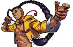 Rule 34 | 1boy, abs, absurdres, ahoge, capcom, chinese clothes, commentary, cropped jacket, dark-skinned female, dark-skinned male, dark skin, drawstring, english commentary, fang, fighting stance, fingernails, grin, highres, hottochippu, huge ahoge, jacket, jamie siu, kung fu, long braid, long hair, male focus, no shirt, one eye closed, open clothes, open jacket, pectorals, raised eyebrow, smile, solo, street fighter, street fighter 6, tangzhuang, undercut, very long hair, white background, yellow jacket