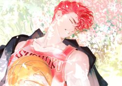 Rule 34 | 1boy, absurdres, ball, basketball (object), basketball jersey, bishounen, black eyes, closed eyes, dappled sunlight, day, falling petals, flower bed, gakuran, hechu 237, highres, holding, holding ball, jacket, jacket partially removed, lying, male focus, on back, outdoors, petals, pompadour, red hair, red tank top, sakuragi hanamichi, school uniform, short hair, slam dunk (series), sleeping, solo, sunlight, tank top, toned, toned male