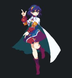 Rule 34 | 1girl, 4qw5, blue hair, boots, cape, cloak, dress, hairband, multicolored clothes, multicolored dress, multicolored hairband, patchwork clothes, pink footwear, pixel art, pointing, pointing down, purple eyes, rainbow gradient, short hair, solo, tenkyuu chimata, white cape, white cloak, yellow bag, yellow sleeves, zipper