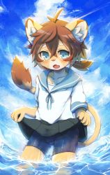 Rule 34 | 1boy, animal ears, bike shorts, blue sailor collar, blush, brown hair, clothes lift, crossdressing, fang, fisheye, furry, furry male, hair between eyes, highres, hithop, lifted by self, lion boy, lion ears, lion tail, male focus, open mouth, partially submerged, ponytail, sailor collar, shorts, shorts under skirt, skirt, skirt lift, solo, tail, theo (world flipper), wading, water, whiskers, world flipper