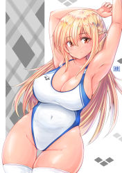 Rule 34 | 1girl, absurdres, arena (company), armpits, arms up, blonde hair, blush, braid, breasts, cleavage, closed mouth, competition swimsuit, covered navel, curvy, dark-skinned female, dark skin, elf, groin, half updo, highleg, highleg swimsuit, highres, hololive, long hair, looking at viewer, medium breasts, multicolored hair, one-piece swimsuit, orange eyes, pointy ears, shiranui flare, smile, solo, streaked hair, swimsuit, thighhighs, tong shui, virtual youtuber, white thighhighs