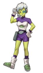 Rule 34 | 1girl, absurdres, belt, boots, breasts, cheelai, colored skin, commentary request, dragon ball, dragon ball super, dragon ball super broly, full body, gloves, green skin, grin, gun, hand on own hip, highres, holding, holding gun, holding weapon, leotard, ma2 ereki, medium breasts, pink eyes, pouch, purple leotard, scouter, short hair, smile, solo, v-shaped eyebrows, weapon, white gloves, white hair